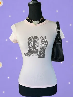 Y2K Western Cowgirl Pink Cowboy Boot Baby Tee Size XS 🎀 thumbnail 1