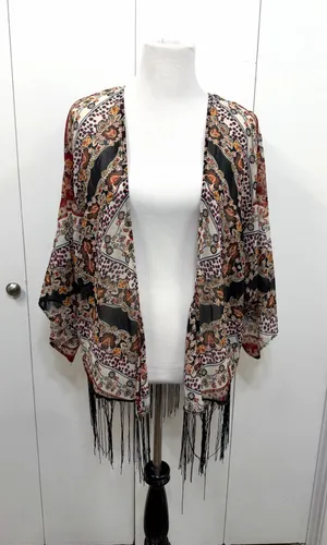 Xhilaration Floral Boho Kimono Cardigan Sheer Fringe Hem Size Large thumbnail 1