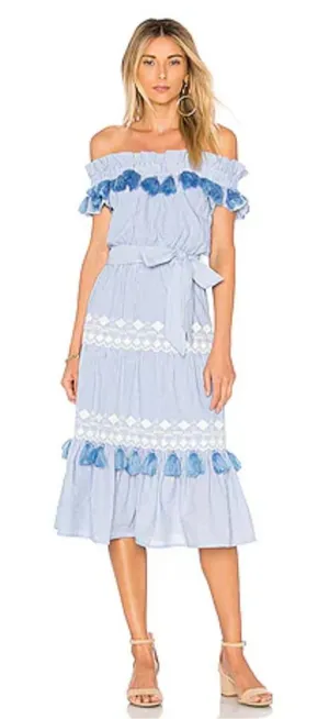 Tularosa Lana‎ Midi Dress Blue Stripe Embroidered Off Shoulder Tiered Tassel thumbnail 1