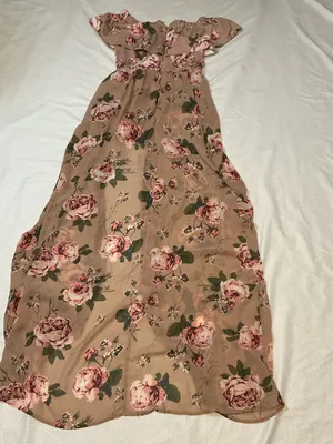 Off-Shoulder Floral Maxi Dress in Taupe with Pink Roses thumbnail 3