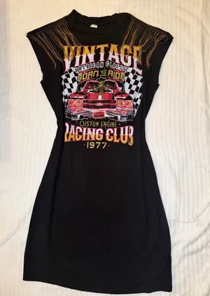 Vintage Racing Club Graphic T-Shirt Dress Fringed Shoulder Size L thumbnail 1
