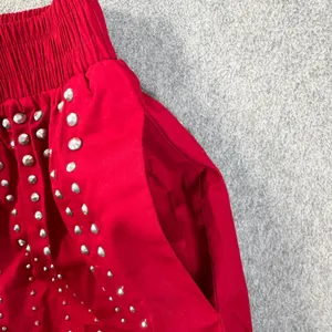 TCEC Studded Rhinestone Shorts Women's Small Crimson Red Elastic Waist Pockets thumbnail 4