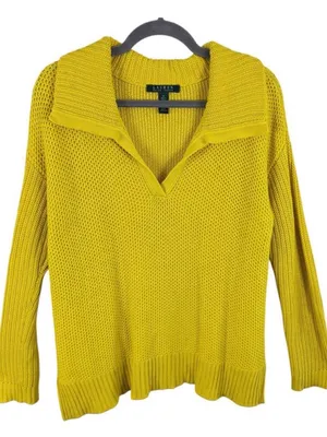 Lauren Ralph Lauren Cotton Blend Bright Yellow Collared Waffle Knit Sweater Sz M thumbnail 1