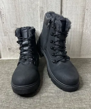 Womens Sz 7 Black Faux Fur-Lined Boots Side Zipper & Lace-Up Emo Goth Grunge thumbnail 1