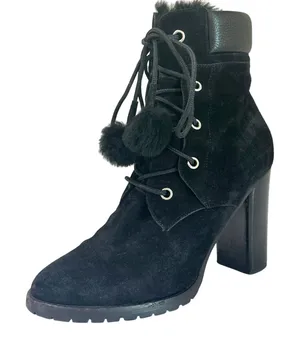 Jimmy Choo Elba 95 Black Suede Fur Pom Pom Lace-Up Boots Size IT‎ 37 US 7 thumbnail 1