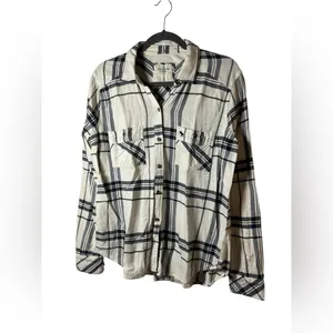 Abercrombie‎ & Fitch Plaid Flannel Shirt Womens M Cream Navy Button Down thumbnail 2