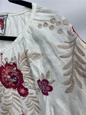 Johnny Was White Embroidered Floral Peasant linen Maya Blouse xl FLAWED thumbnail 6