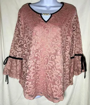 Onyx Apparel Women’s Lace Blouse L Pink/Black Pearl V-Neck Bell Sleeve 20195CM thumbnail 1