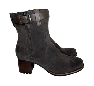 Frye Suede Ankle Boots Women 8M Gray Leather Buckle Strap Moto Block Heel thumbnail 1