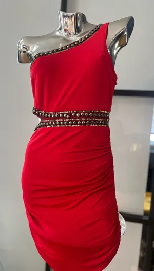 Bebe Red One-Shoulder Beaded Waist Cocktail Dressw thumbnail 1