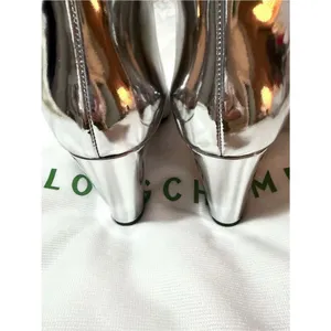 Longchamp Mirror Metallic Silver Logo Heeled Ankle Boot Designer 37 thumbnail 9