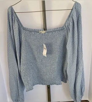 American Eagle Light Blue Polka Dot Smocked Crop Blouse XL Off-Shoulder no tags thumbnail 1