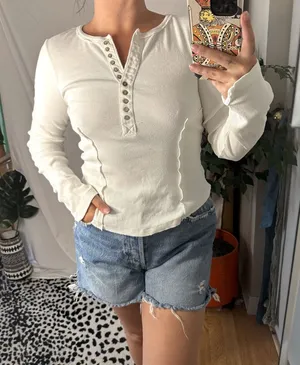 Free People White Henley Rib Knit Long Sleeve Top Size XS thumbnail 1