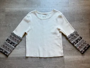 Free People We The Free Waffle Knit Body Mixed Media Print Knit Cuffs Top Size L thumbnail 1