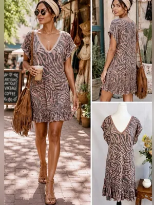 💥Anthropologie Daily Practice Tiger Zebra Ruffle Hem Tunic Mini Dress Sz S🧡 thumbnail 2