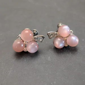 Vintage Screw On Earrings Pink Trio with Clear Gem Accents - Tarnished thumbnail 2