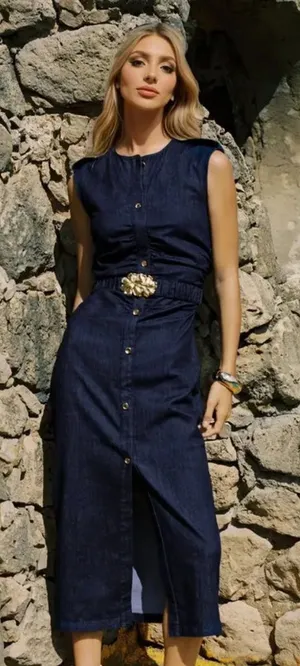 NWOT Zara Navy Blue Denim Button Front Sleeveless Midi Shirt Dress Gold Belt S thumbnail 1