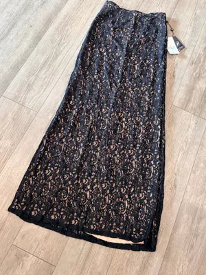 Adrianna Papell Navy Lace Maxi Skirt with Nude Underlay thumbnail 6