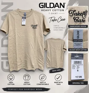 Gildan Heavy Cotton Take Care Embroidered T-Shirt Beige Tan Size S New With Tags thumbnail 2