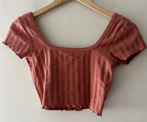 Aerie Offline Salmon Pink Ribbed Square Neck‎ Crop Top Lettuce Hem thumbnail 1