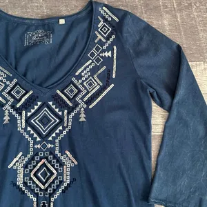 Panhandle Embroidered V Neck Shirt Womens L Cotton 3/4 Sleeve Asymmetrical Hem thumbnail 2