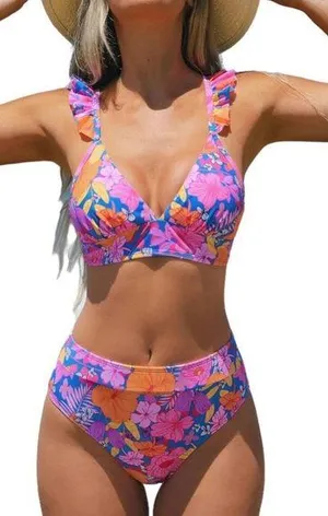 NWT CUPSHE Bikini High Waisted Bottom Ruffle V Neck pink floral size S thumbnail 1