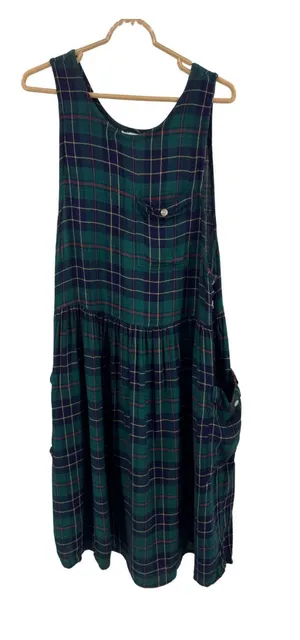 S.Roberts Green and Navy Plaid jumper Midi Dress drop pockets school girl vtg M thumbnail 1