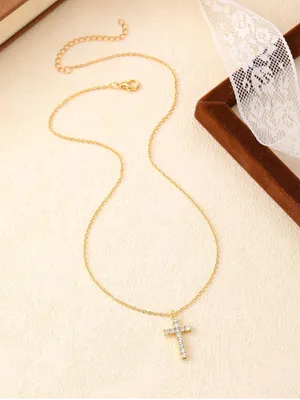 Gold Alloy Crystal Cross Pendant Necklace Cable Chain Lobster Clasp 15.75" Adj thumbnail 7