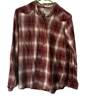 Ariat Real Western Burgundy White Plaid Relaxed Fit Cotton‎ Long Sleeve Shirt S thumbnail 1