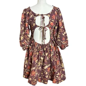 Free People Western Bohemian Dainty Lola Mini Dress Mocha Combo Large Floral NWT thumbnail 9
