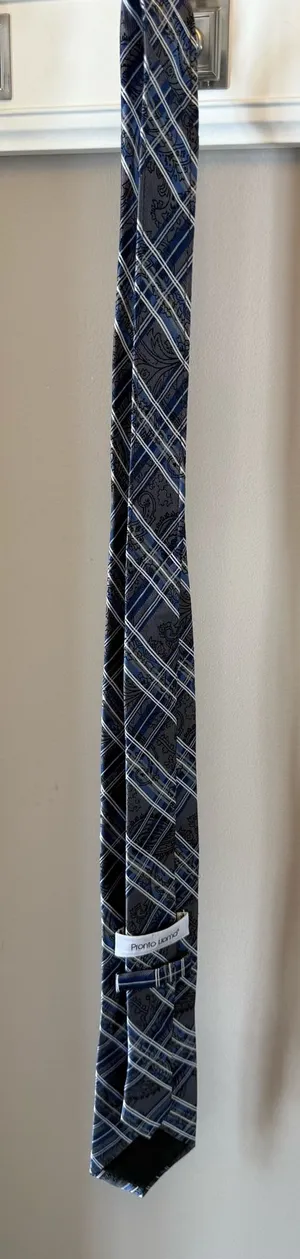 Pronto Uomo Men's Tie Blue Gray White Plaids & Checks Pattern Necktie thumbnail 1