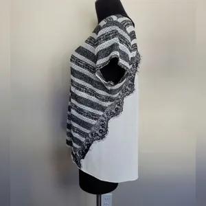 IZ Byer Black White Stripe Mixed Media Blouse Top Lace Knit Semi Sheer Size XL thumbnail 3