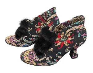 Baci Daisy Floral Tapestry Booties Faux Fur Pom Pom Kitten Heel Black Multi 9M thumbnail 1