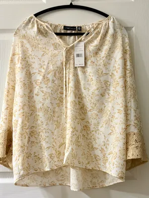 Rafaella Cream Floral Tie-Neck Women's Top size L NWT thumbnail 1