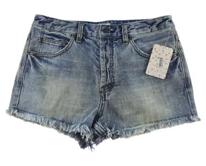 Free People NWT‎ Women's Blue Denim Camp Frayed Hem Button Fly Jean Shorts - 27 thumbnail 1