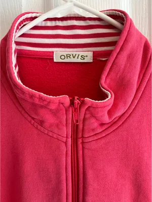 Orvis Womens Pink Full Zip Sweatshirt Mock Neck Stripe Trim XL (No Size Tag) thumbnail 3