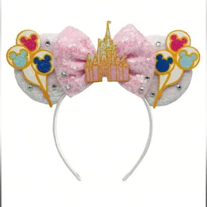NEW Mouse Ear Headband Sequin/Glitter/Rhinestone Disney Style Balloons & Castle thumbnail 5