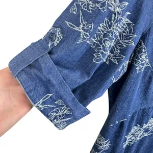 Nina Leonard Floral Embroidered Cuffed‎ Sleeve Half Button Up Cotton Dress Sz 14 thumbnail 5