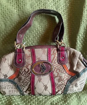 U.S. Polo Assn Women's Beige Logo Canvas Satchel with Pink Trim NWT thumbnail 1