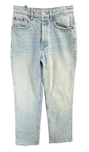 Zara Button Fly Straight Leg Jeans Womens 2 Blue Light Washed Denim Raw‎ Hem thumbnail 1