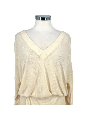 Free People Beach Bambi Mini Dress Ruched Sleeve V-Neck Ivory Cream Size Large thumbnail 2