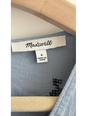 Madewell Embroidered Foldover V-Neck Mini Dress Terrace Blue Cotton Puff Sleeve thumbnail 5