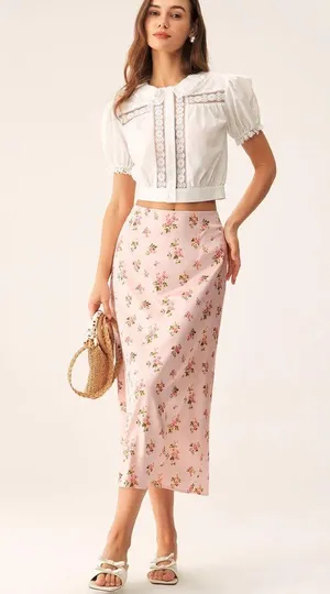 Rihoas Pink Floral Satin Straight Midi Skirt thumbnail 2