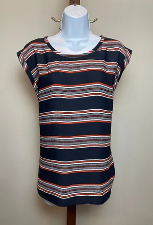 Ann Taylor Blouse Size L Navy Orange Stripe Scoop Neck Cap Sleeve Lightweight thumbnail 1