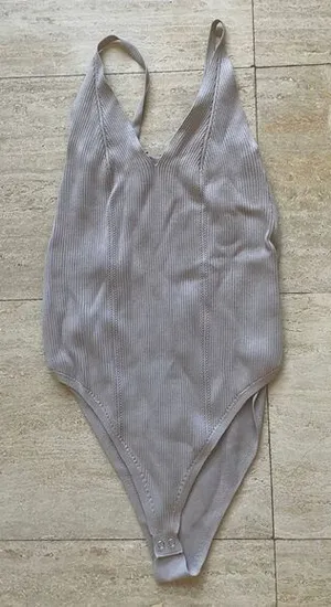 Wishlist Ribbed V-Neck Bodysuit Sleeveless Light Basic Tank‎ Leotard L thumbnail 1