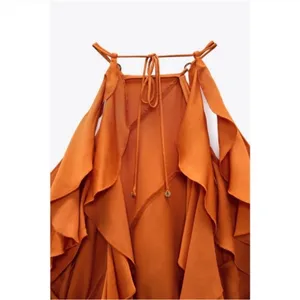 NEW Zara Orange Satin Ruffle Draped Off Shoulder Tank Top Blouse Small thumbnail 7