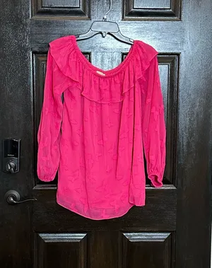 Michael Kors Sheer Fuchsia Off-the-Shoulder Blouse Large thumbnail 1