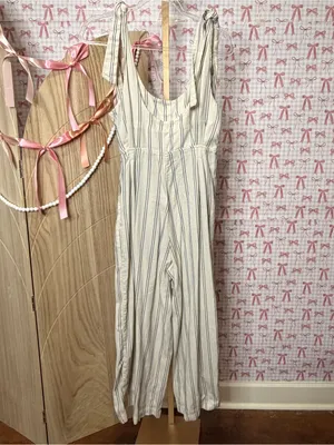 Free People Cream & Navy PinStriped Linen Tie-Shoulder Wide Leg Crop Jumpsuit 2 thumbnail 4