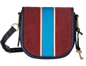 Fossil Rumi blue Cabernet striped suede leather flap crossbody‎ bag small thumbnail 1