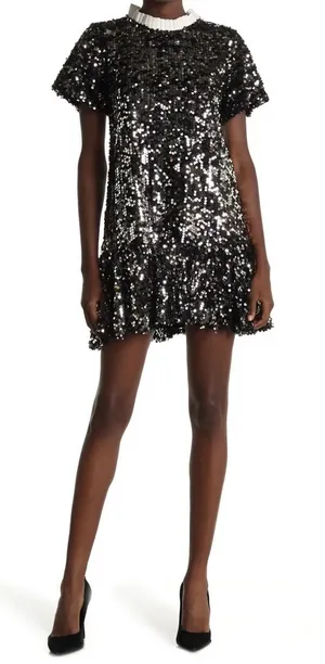 Melloday Black Sequin Short Sleeve Mini Dress with Ruffled Collar‎ XS thumbnail 1